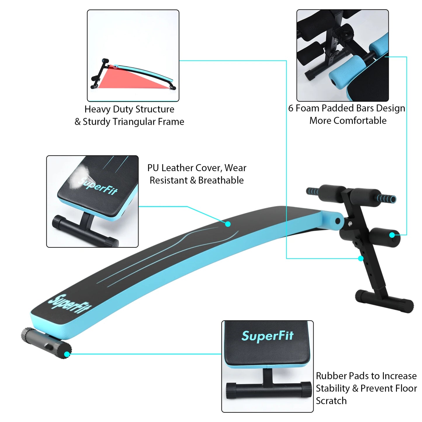 Superfit Folding Weight Bench Adjustable Sit-Up Board Workout Slant Bench Blue