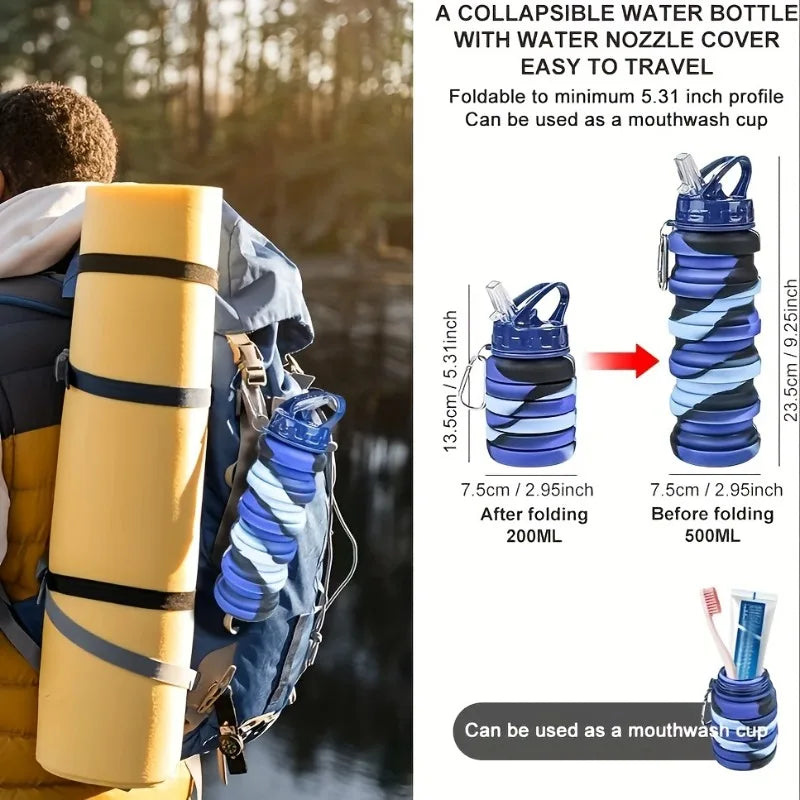 Silicone Foldable Water Bottle for Sports Leakproof BPA Free Water Bottle with Carabiner Collapsible Cycling Water Bottle