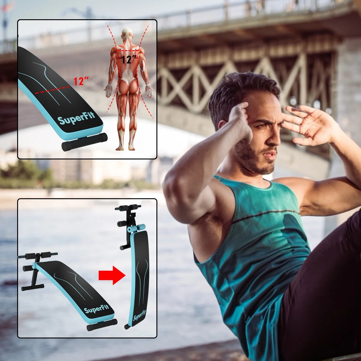Superfit Folding Weight Bench Adjustable Sit-Up Board Workout Slant Bench Blue