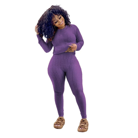 Women 2 Piece Outfits Textured Tracksuit Jogging Suits Long Sleeve Leggings Sweatsuits Sets