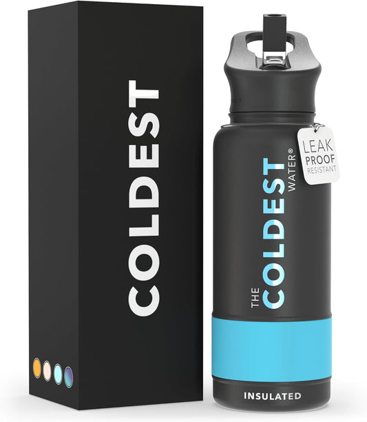 Coldest Insulated Water Bottle with Straw Lid - Stainless Steel Metal Insulated Bottle for Men & Women (Matte Black, 32 Oz)