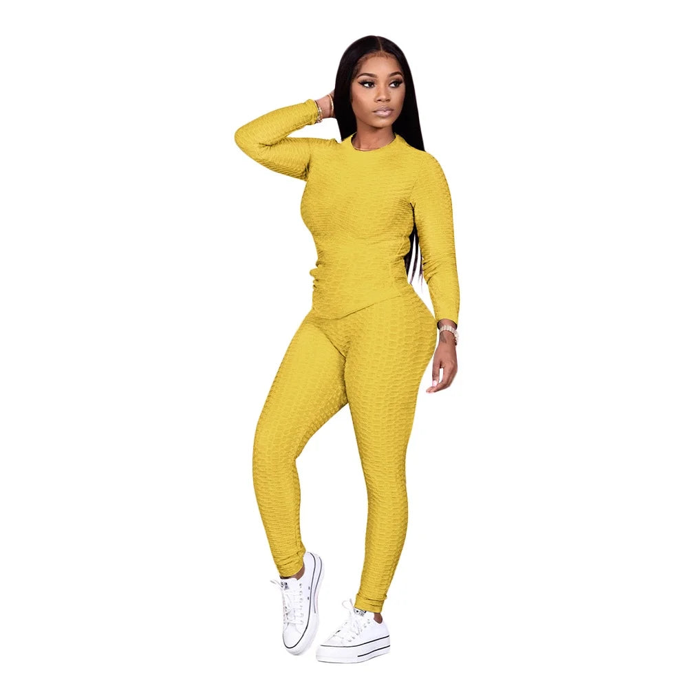 Women 2 Piece Outfits Textured Tracksuit Jogging Suits Long Sleeve Leggings Sweatsuits Sets