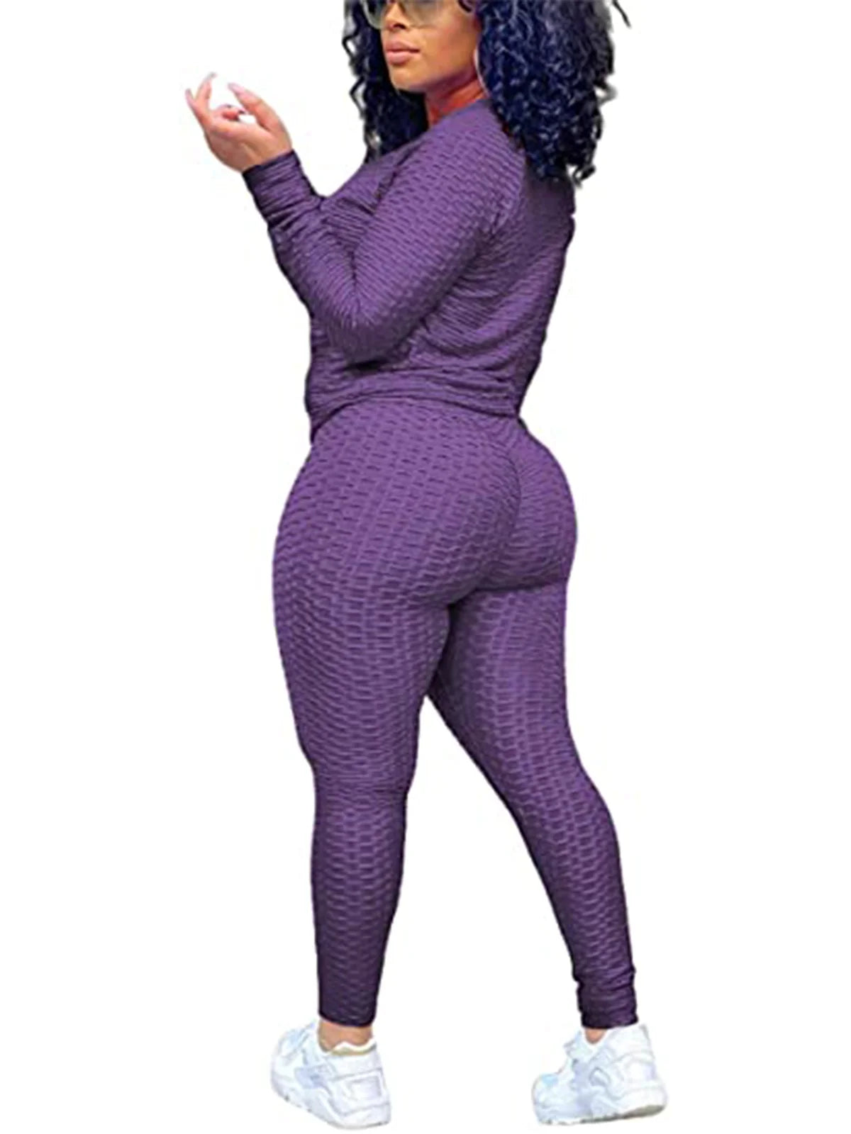 Women 2 Piece Outfits Textured Tracksuit Jogging Suits Long Sleeve Leggings Sweatsuits Sets